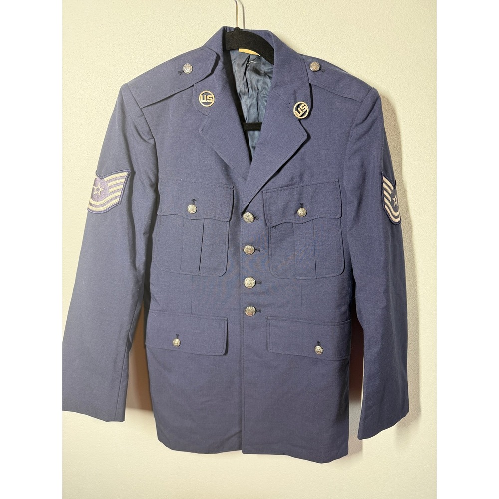 US Air Force Mens Wool Blend Military Uniform Jacket 37R Blue Service Dress Coat